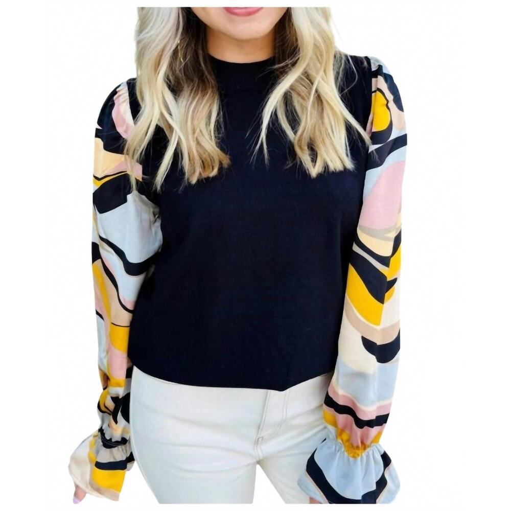 NEW THML sunset stripe sleeve sweater top in black multi